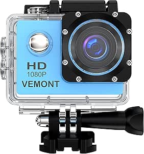 VEMONT Cámara Deportiva 1080P HD Impermeable 30M Pantalla de 2.0 Lente de Gran Angular de 120 Grados Multiples Accesorios para Deportes y Actividades, Buceo, Nadar, Correr, Ciclismo, etc.